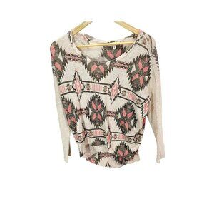 Moa Moa Sweater Women M Tan Pink Aztec Knit Dolman Long Sleeve Sheer Rayon